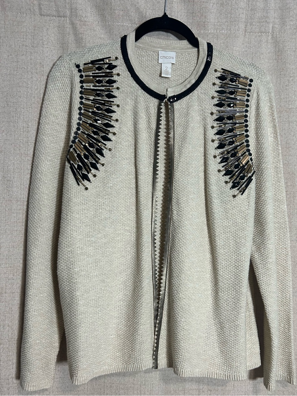 Chico's Cream Embellished Open Cardigan Sweater….